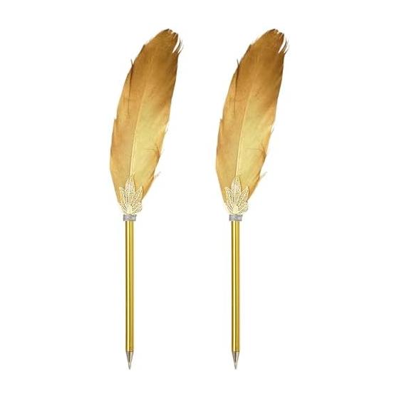 PATIKIL Wholesale Feather Pens, 2 Pcs Black Ink Vintage Plated Rod Quill Writing Pens for Office Wedding Guest Signature Gift, Gold