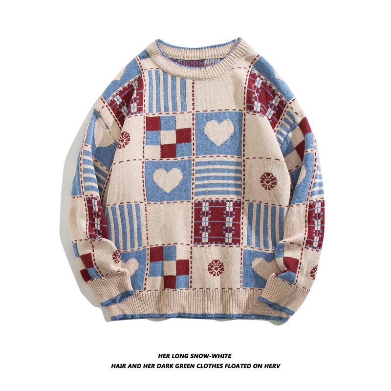 American Retro Plaid Heart Sweater - Red Autumn/Winter Knitwear for Couples