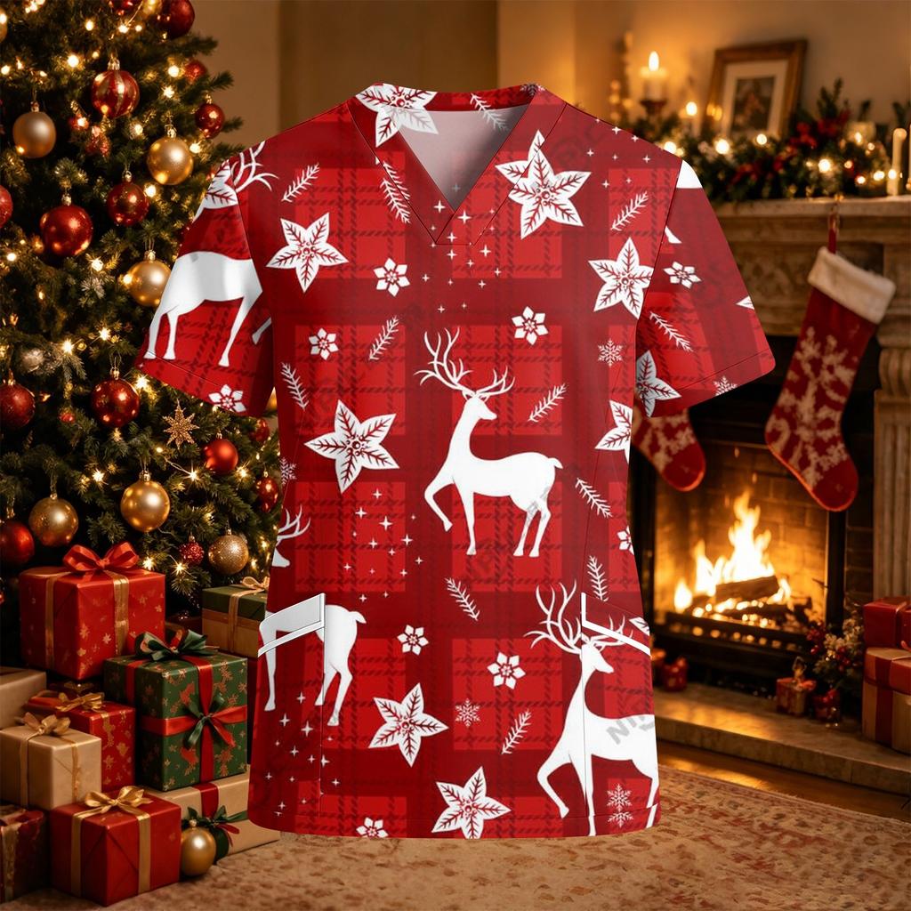 Women's Christmas Print Scrub Top V-Neck Short Sleeve Loose Fit with Pockets