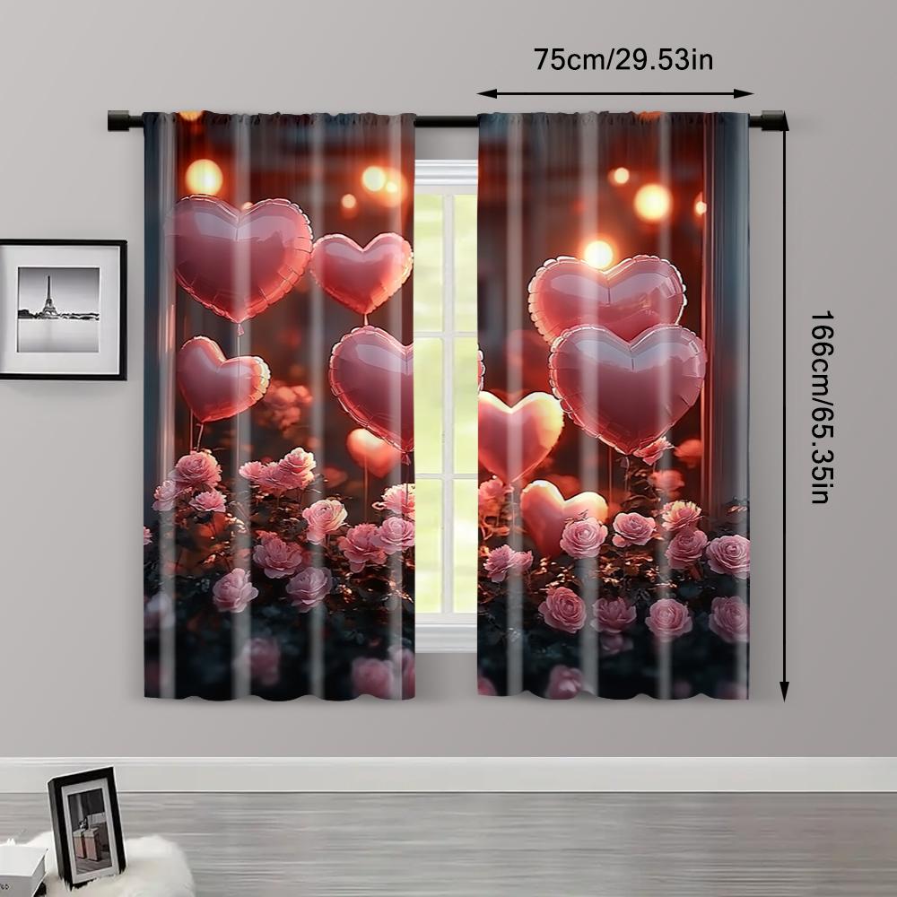 2pc,  Valentine's Day Window Treatment Curtains Romantic Heart Theme Roses Durable Polyester,Without Electricity Spring Party &