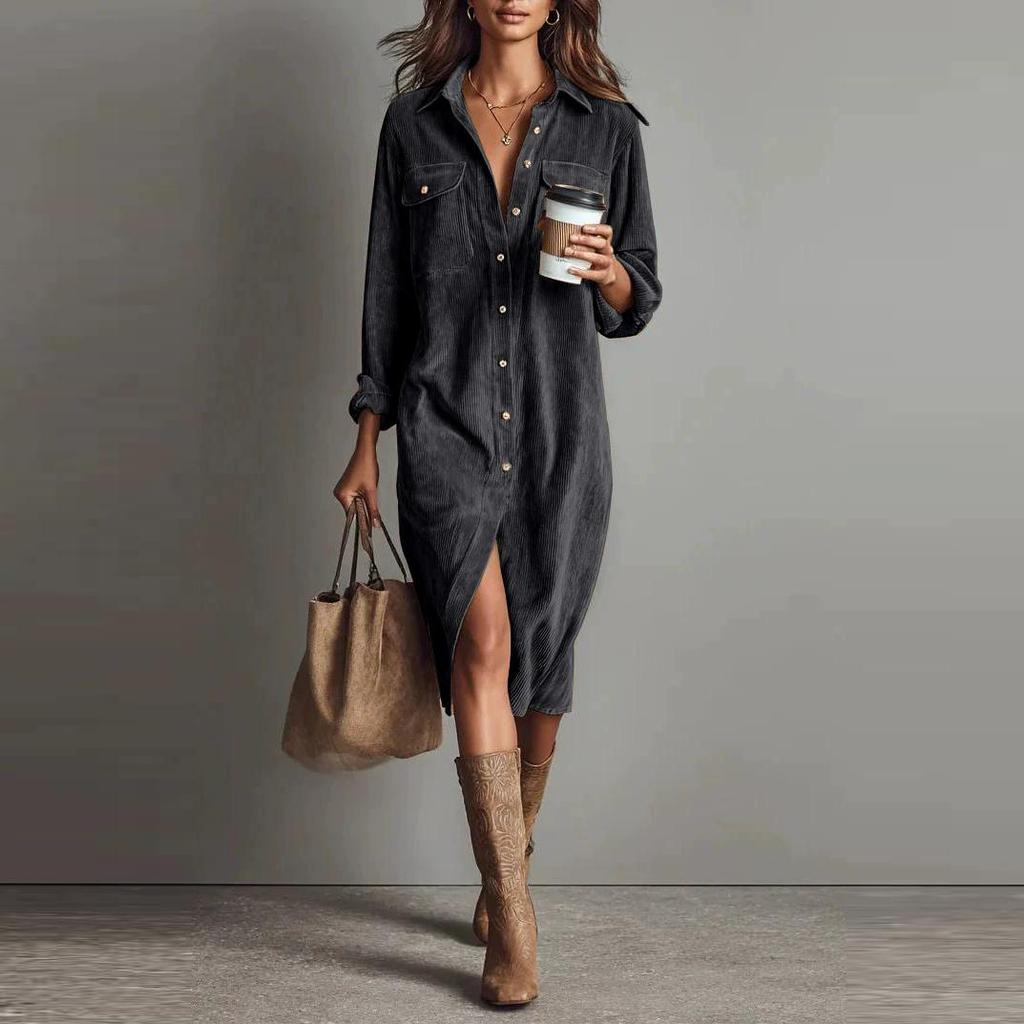Vintage Women's Dress Spring Summer Office Lady Solid Corduroy Long Sleeve Lapel Shirt Loose Maxi Dresses for Women