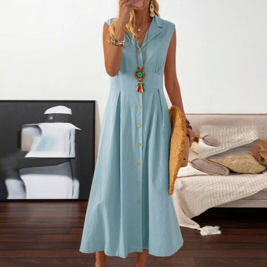 Cotton Linen Dress New Style Suit Collar Solid Button Long Dress