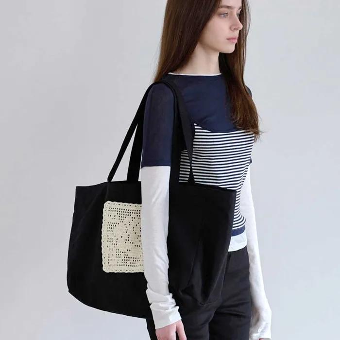 Flower Doily Big Canvas Shopper Bag _ Black