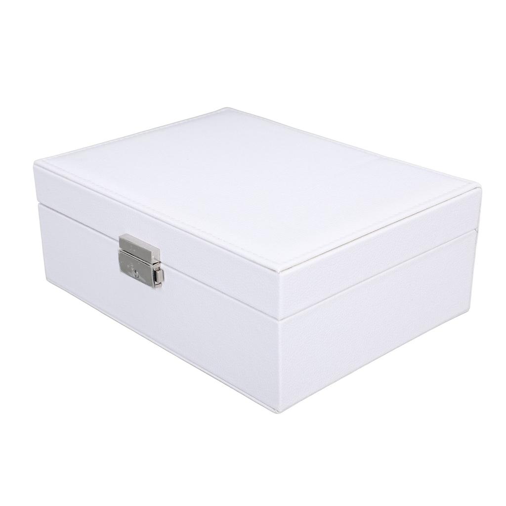 Jewelry Storage Box White Wood Large Capacity 2 Layer Multiple Compartments PU Leather Portable