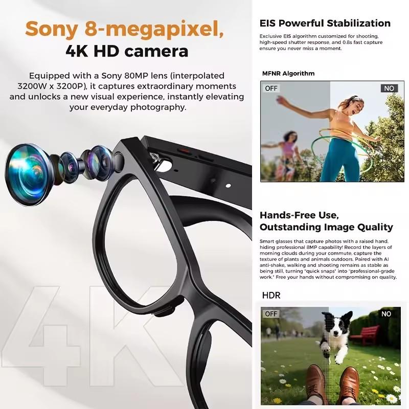 New AI Smart Glasses 800W HD Pixel Camera Video Recording Outdoor Sport Sunglasses Translation Voice Call Bluetooth Glasses Music Playback 32GB Memory