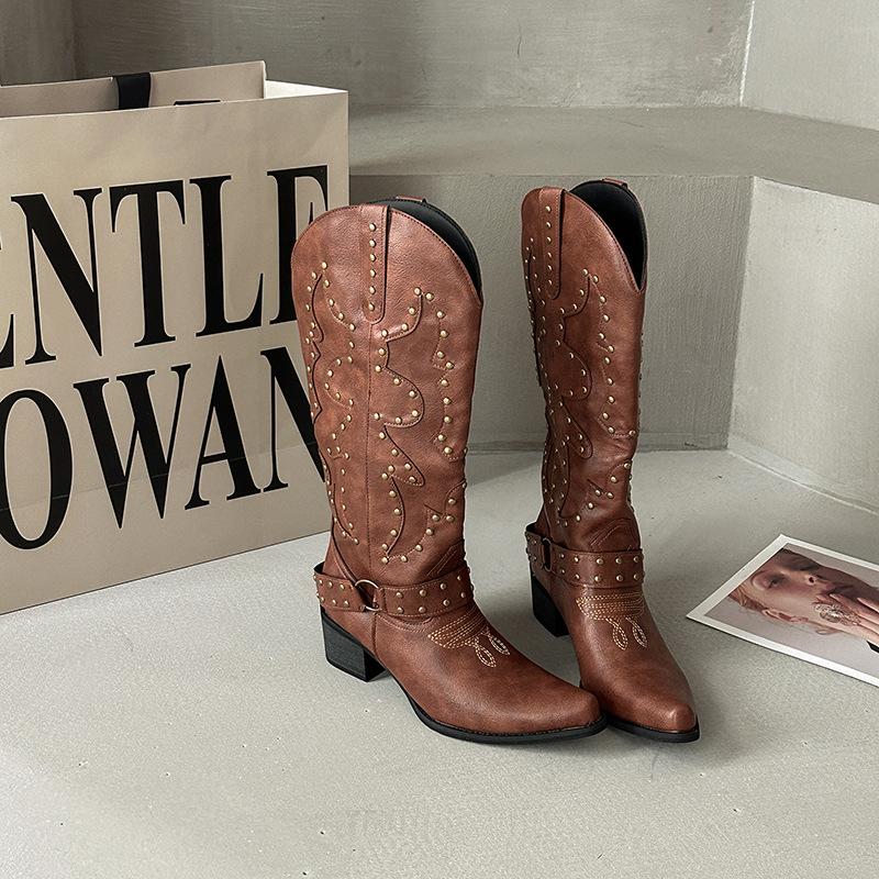 Women's Western Cowboy Boots Fashion Knee-high Boots Retro Rivet Knight Boot Luxury Pointed Leather Boots for Women Botas Mujer