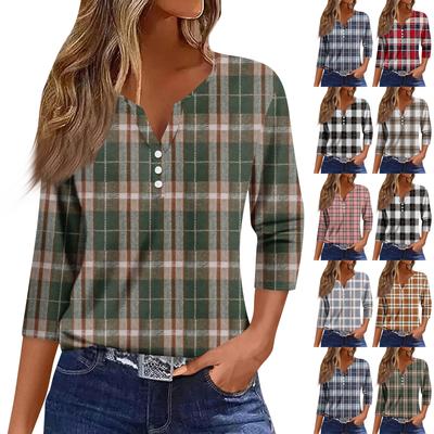 Damska Moda Casual Top z Rękawem Trzy Czwarte z Dekoltem V we Wzór Kwiatowy