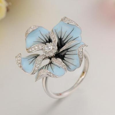 Women Rhinestone Inlaid Enamel Flower Finger Ring Jewelry Valentine Day Gift
