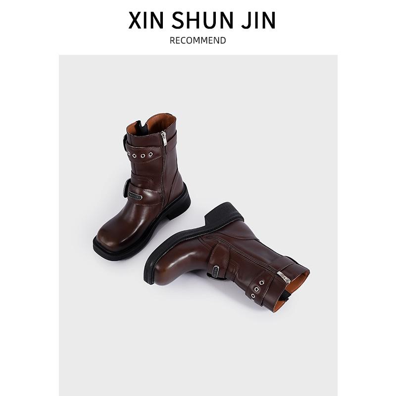 Zhao Zhaoyi~ White Deer~ The same 2025 new square head mid-tube boots Merad locomotive boots mid-heel western cowboy boots