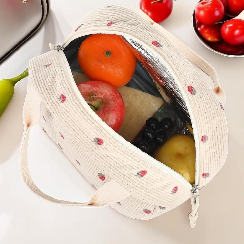 Cute Corduroy Lunch Bag Strawberry Pattern Insulated Design Picnic Tote Bags Large Capacity Reusable Food Pouch for Work Travel