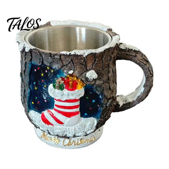 Christmas Mug Decorations Theme with Stainless Steel Liner, 3D Relief Hand Creative Holiday Gifts Painted Resin Coffee Cup, Decorative Drinkware