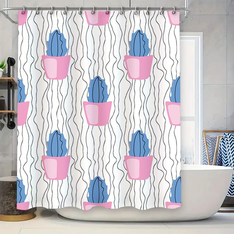 

Modern Home Decor Shower Curtain Featuring Cactus Pattern Blue Pink Potted Succulent Design For Bathroom Decoration Waterproof F W60H190(CM)-1 Pcs