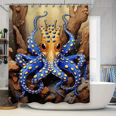 Octopus Shower Curtain Underwater Marine Animal Print 3D Waterproof Fabric Bathroom Decor Blue Yellow Colorful Large