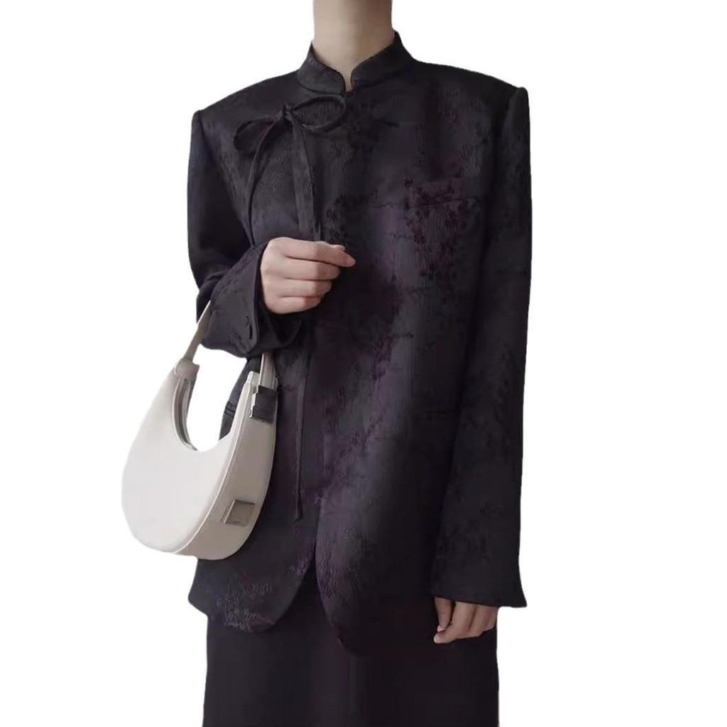 Женское пальто большого размера с воротником-стойкой в китайском стиле с жаккардовым узором - Весна/Осень