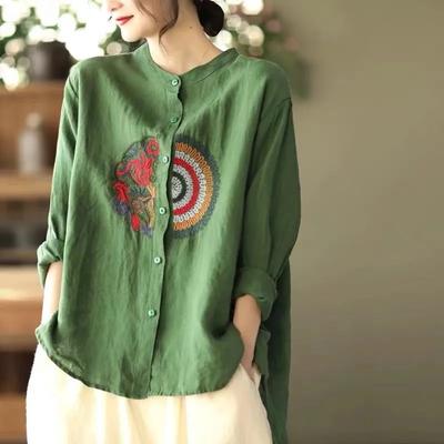 Women Retro Linen Long-sleeved Shirt Embroidered Solid Color Loose Casual Bottoming Shirt Tops Blouse