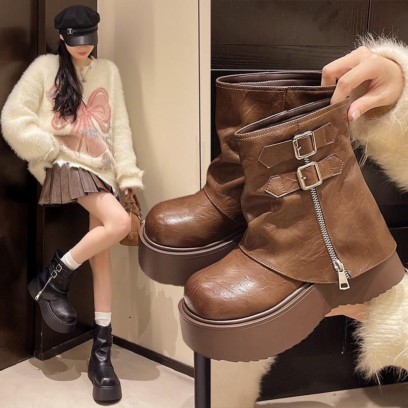 Soft Leather Ankle Mid Calf Boots Winter Autumn High Platform Wedge British Booties Woman New Ladies Chunky Motorcycle Boots 9CM