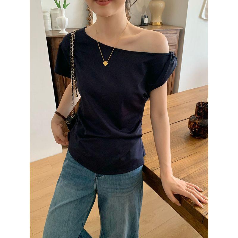 

Sunnijia Korean Style Slant Shoulder Asymmetrical off-Shoulder Top 2025 Stylish Slim Looking Casual All-Match T-shirt Navy blue In Stock L