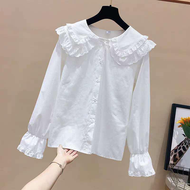 2022 Girls' Long Sleeve Lace White Shirt - Casual Spring Toddler & Student Apparel