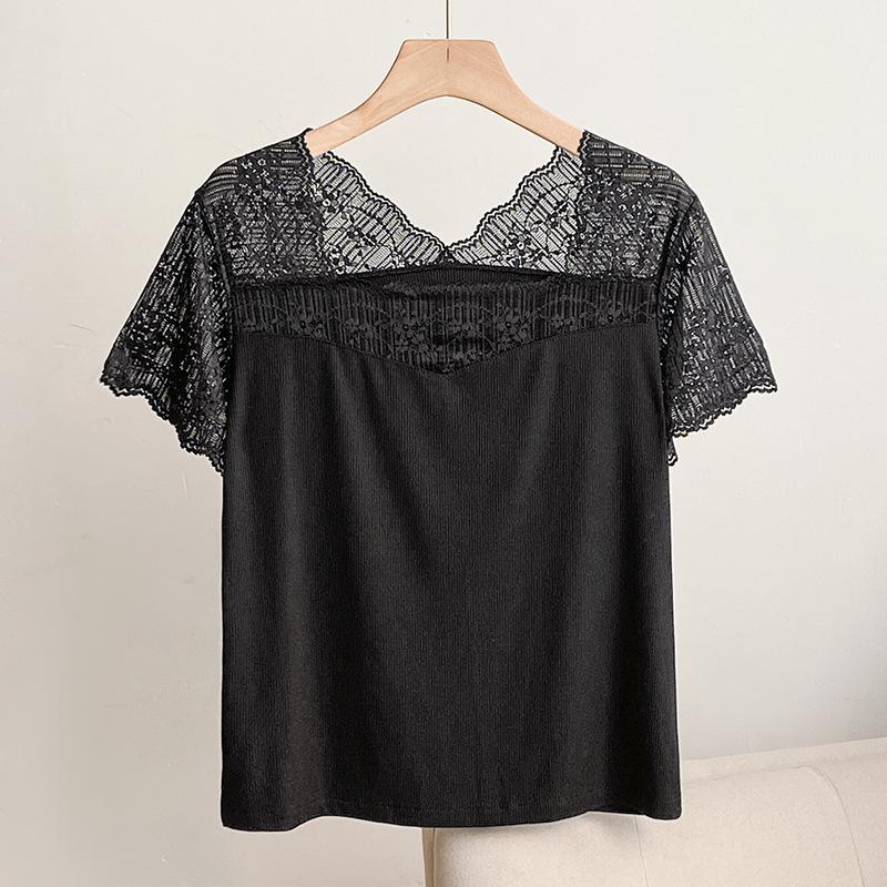 

Women s Summer Lace Base Layer Pajama Top - Breathable, Thin, Short Sleeve Large чёрный