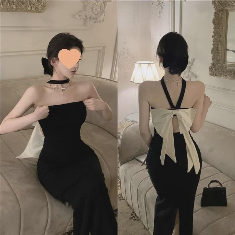 2024 Siyah Halter Yaka Seksi Yaz Elbisesi - Fiyonk Detaylı Slim Fit