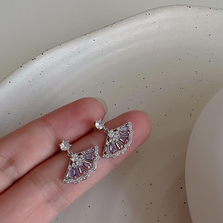 Purple Zircon Fan-shaped Women's Stud Earrings - Retro, Versatile & Stylish