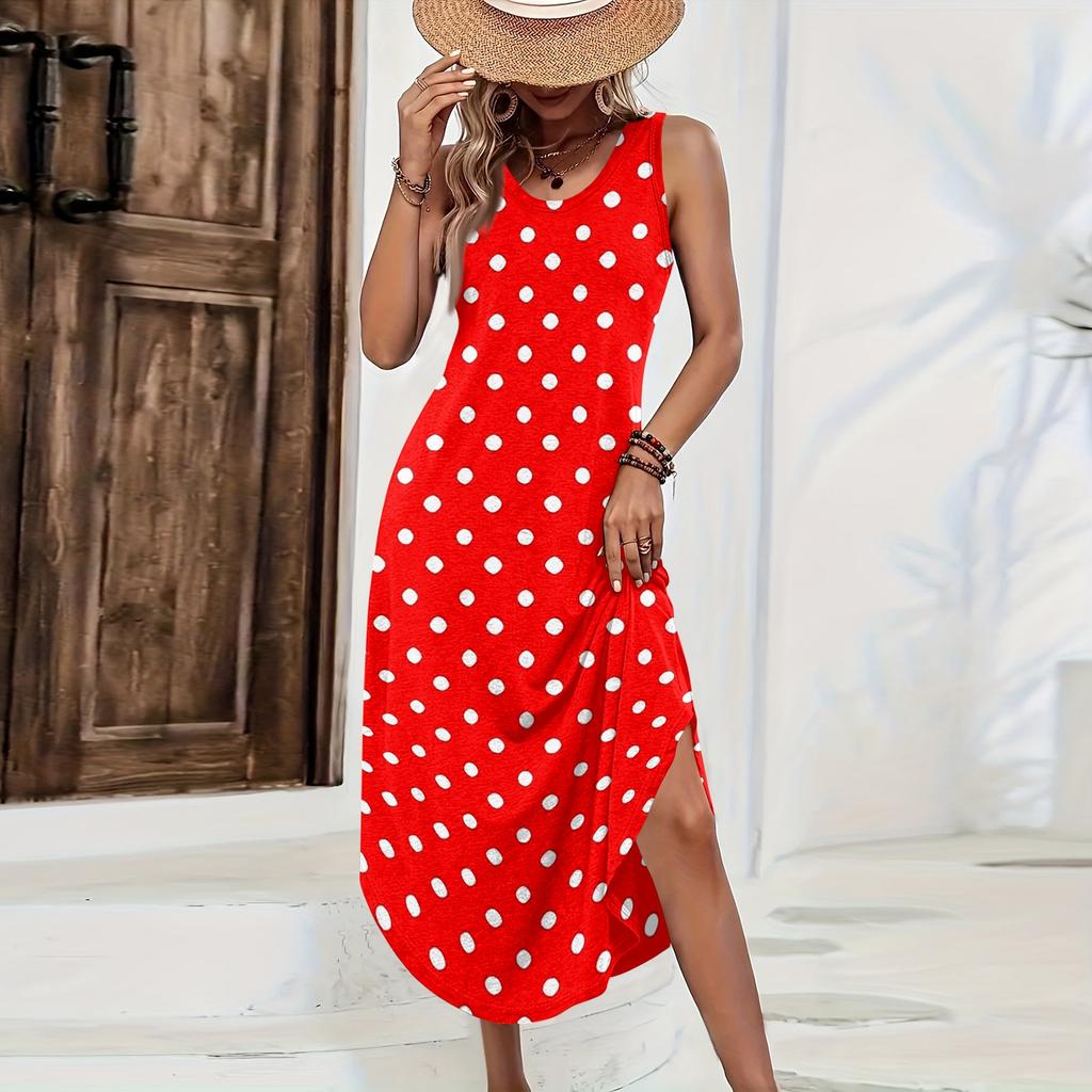 Damen ärmelloses lässiges Maxikleid lockere Passform lang mit Polkapunktdruck Sommerkleid seitlicher Schlitz leichtes bequemes Kleid
