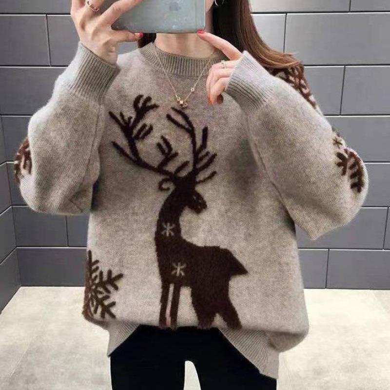 Damenmode Weihnachten Locker gestrickte Pullover für Damen Pullover Herbst Winter Warm Plüsch Lässige Strickpullover