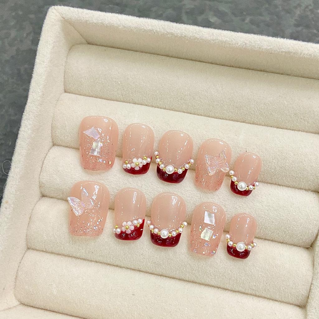 French Style Red Pearl Fake Nails 10PCS Per Bag with Elegant Design for Women