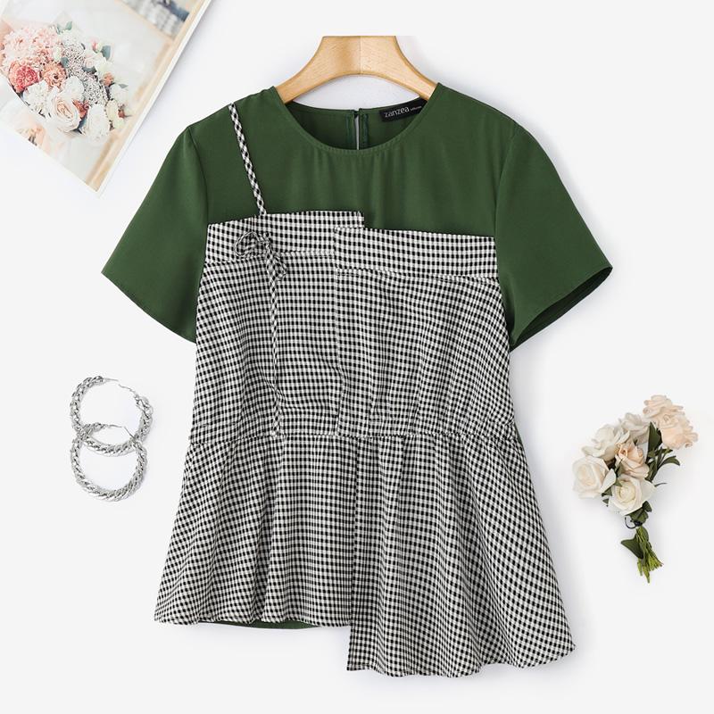 

ZANZEA Женские повседневные футболки с клетчатым принтом, пэчворком, круглым вырезом и короткими рукавами S