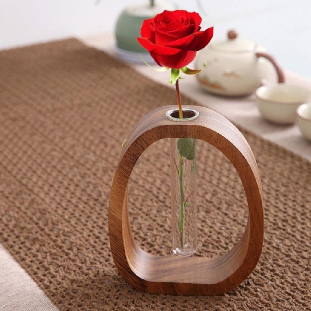 Vase Ornaments Solid Wood Flower Vase Test Tube Shape Glass Vase  for Home Desktop Decoration