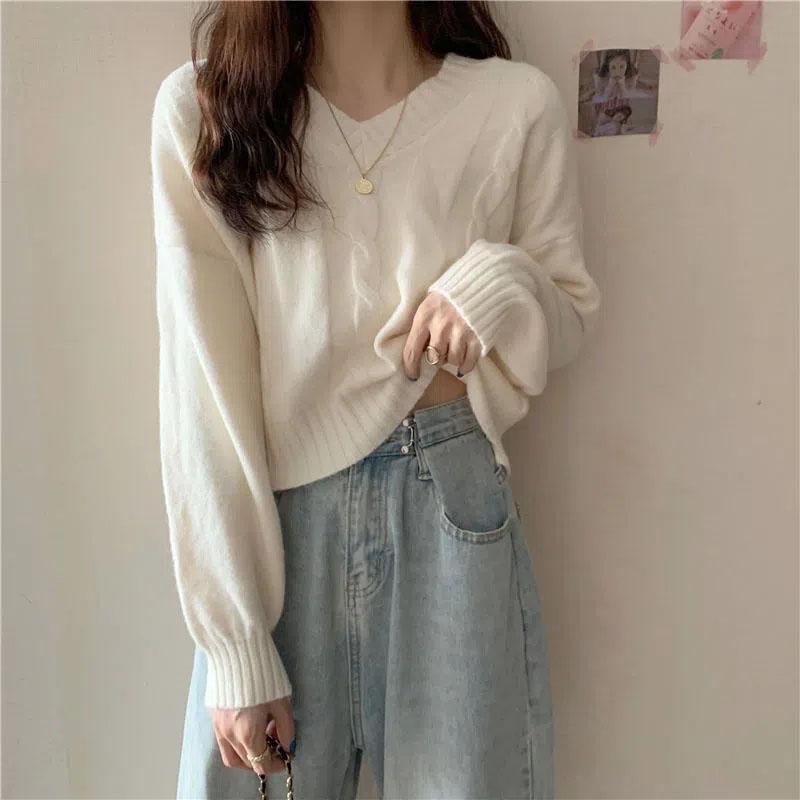 V-Neck Pullover Sweater Women's Solid Thread Woolen Long Sleeve Soft Spring Autumn Knitted Top
