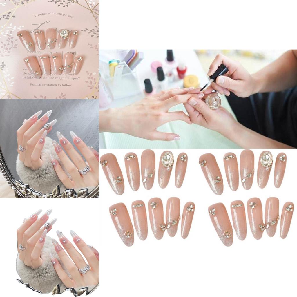 New Handmade Almond-shaped Cat Eye Nail Art With Sparkling Rhinestones Removable Fake Nail Stickers