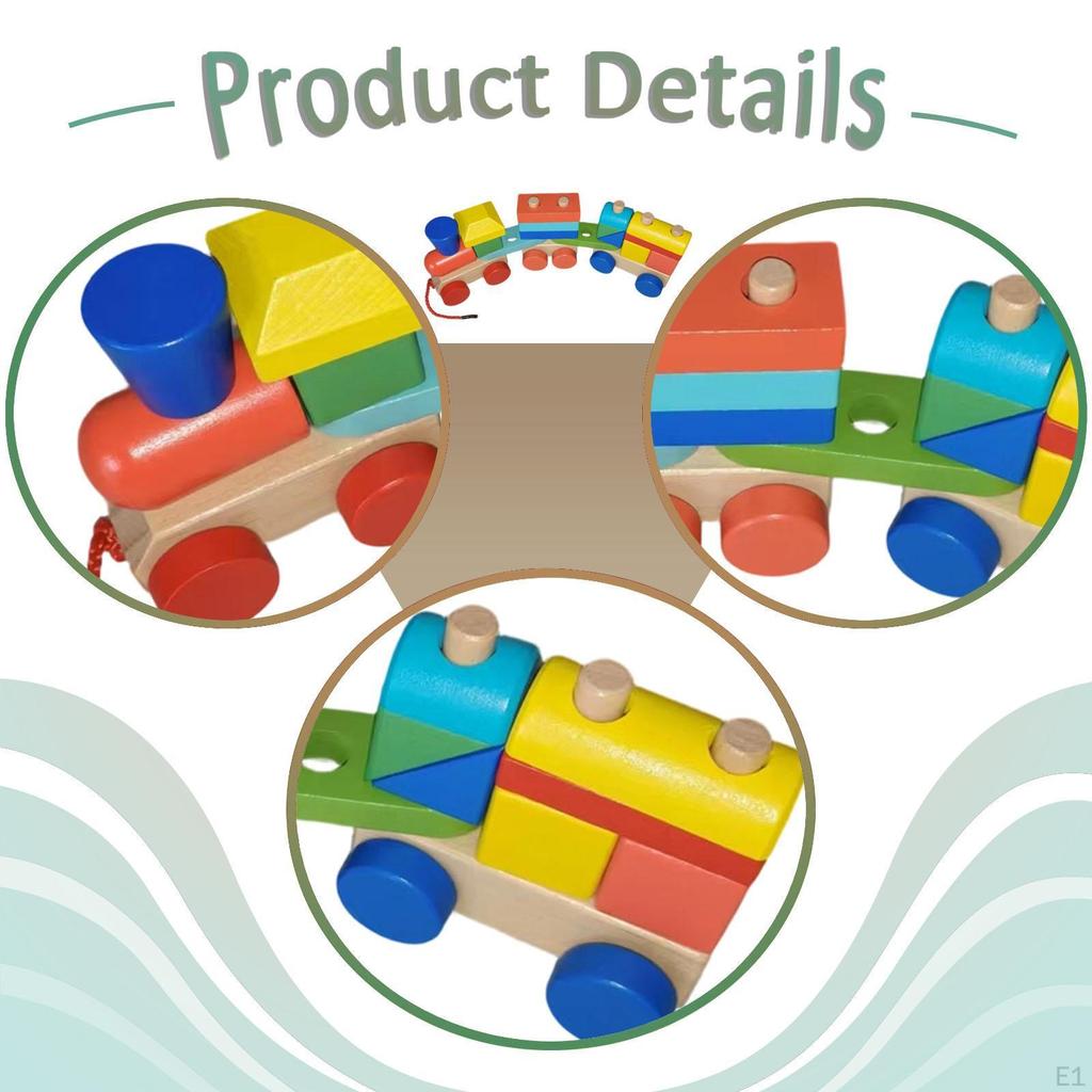 Wooden Stacking Block Train Toy Building Blocks Interactive Game Towable Early Learning Toys for 2-4