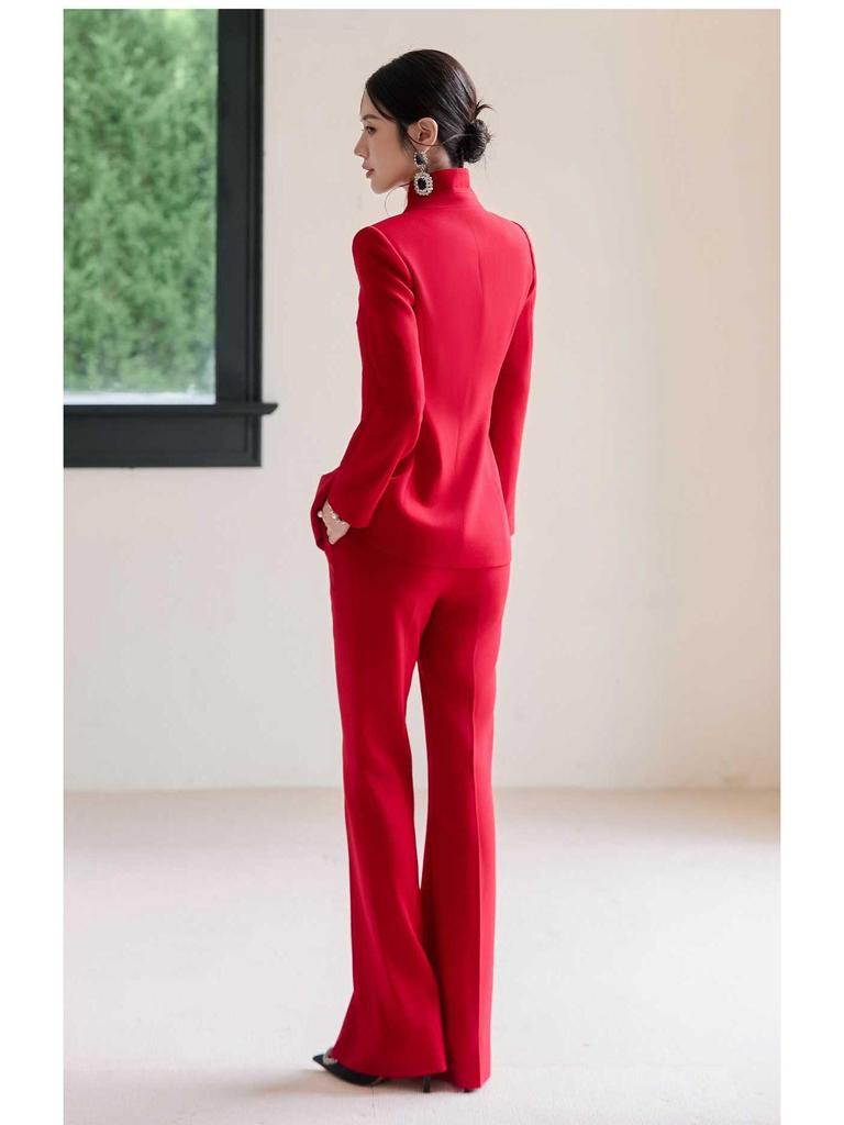 Women's Elegant Chinese Red Suit - 2025 Acetate Formal Wear for Banquets & Events