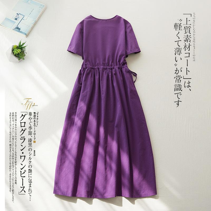 2025 Summer New Embroidered Cotton and Linen Dress for Women, Lace-up Waist Loose and Thin V-neck Short-sleeved Solid Color Long Dress