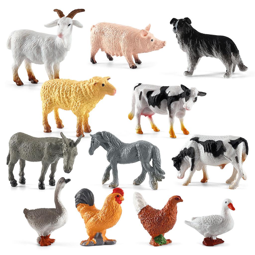 34-delt Mini Gård Fjærkre Dyresett, Statisk Ornament av Kylling, And, Gås, Gris, Hund, Katt, Sau, Hest og Esel Modell