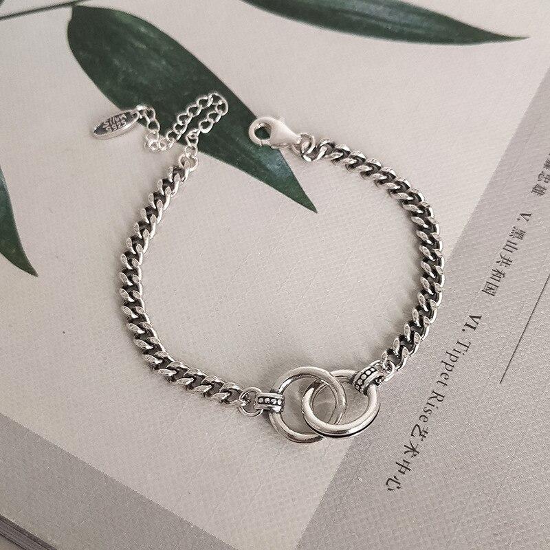 Hip Hop Jewelry Double Circle Thai Silver Color Bracelet Handmade Thick Chain Couple Bracelet For Men Women S -B413