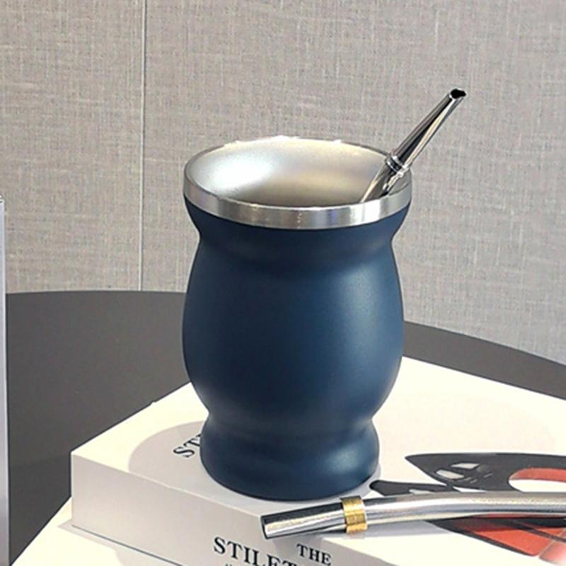 1 Set Yerba Mate Cup 304 Stainless Steel Double Wall 8oz Yerba Mate Gourd Cup With Straw Spoon And Cleaning Brush Teaware Sets