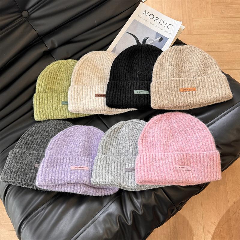 Knitted hat women's ins tide with letters small leather label warm pullover hat autumn and winter thin street ear protection cold hat