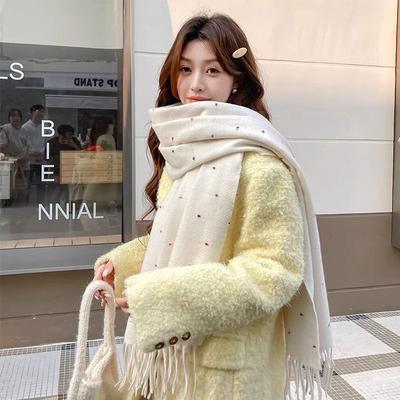 Starry White Scarf for Women In Autumn and Winter New Polka Dot Tassel Korean Style Shawl Dual-purpose High End Scarf