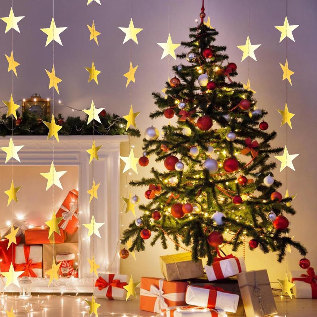 Glitter Gold Star Garland - 104 Ft Banner Backdrop for New Year, Birthday, Wedding & Party