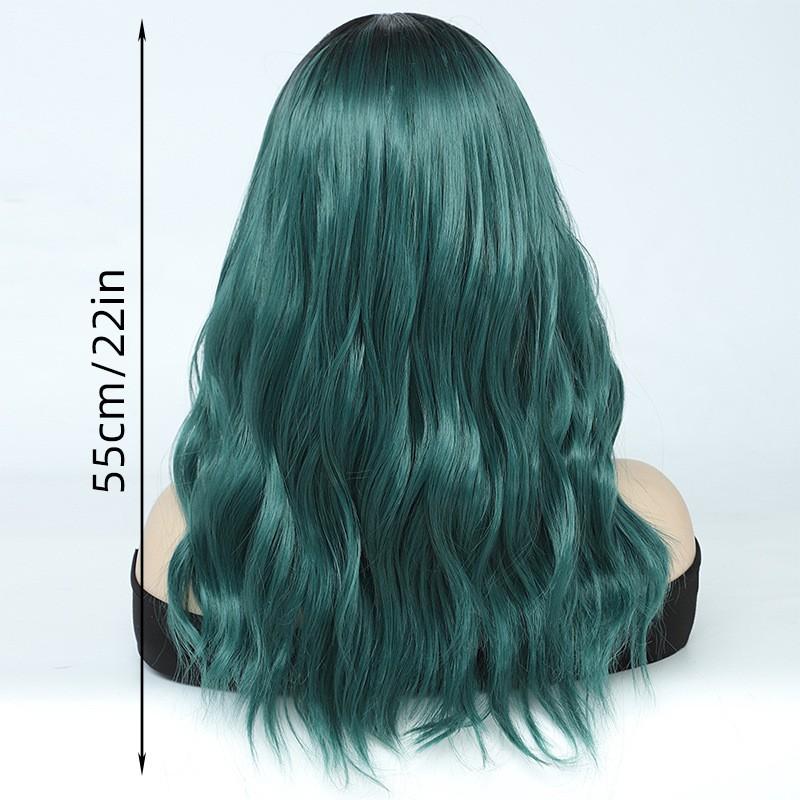 Womens Medium Part Long Wavy Wig Green Gradient Highlight Synthetic Full Fashionable Heat Resistant Any Face Shape