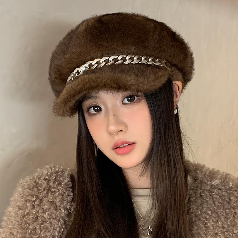 Temperament imitation mink hair chain beret autumn and winter hat women's octagonal hat fleece thickened thermal hat