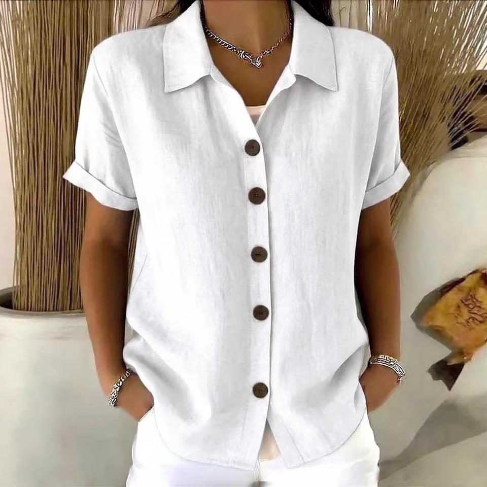 2026 European-American Summer Solid Color Lapel Button Casual Loose Short Sleeve Shirt