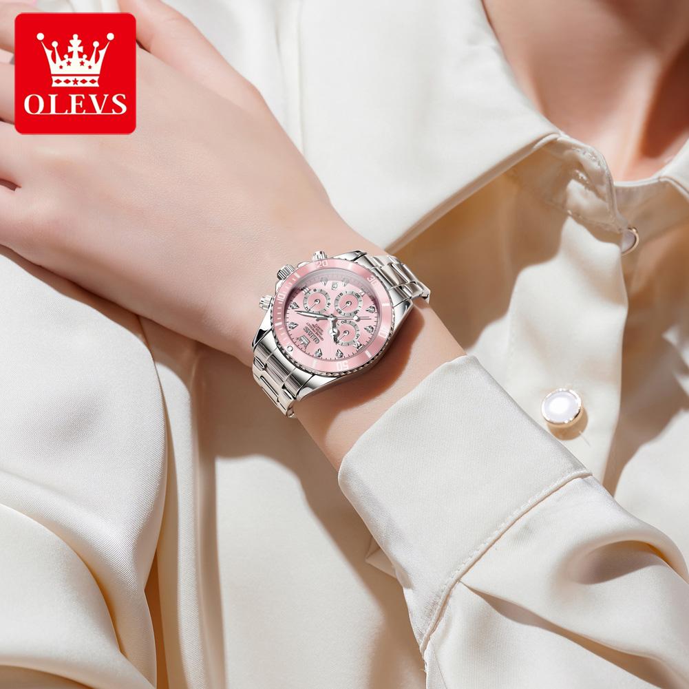 OLEVS Women's Watches Classic Trend Pink Dial Stainless Steel Chronograph Original Brand Quartz Wristwatch for Lady Waterproof