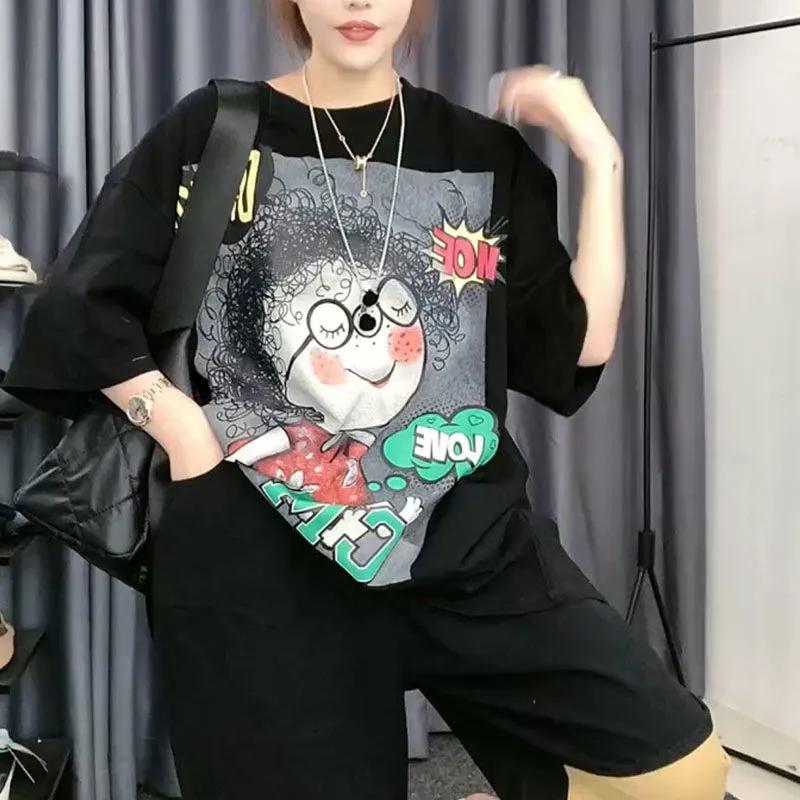 

Большой размер Лето Мультфильм Очки Девушка Письмо Граффити Печать Универсальная Блузка Футболка Женская XL чёрный