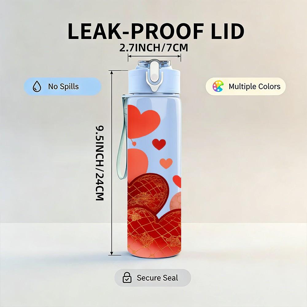 1PC Red Heart Rose Romantic Art Print 750ml Color Plastic Sports Water Bottle Leakproof Flip Straw Lid Suitable for Sports Office Home Use