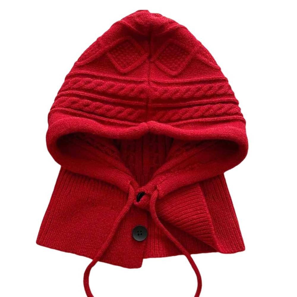 New Knitting Wool Winter Balaclava Hat Ear Protection One-Piece Women Hooded Caps Thicken Windproof Drawstring Hat красный