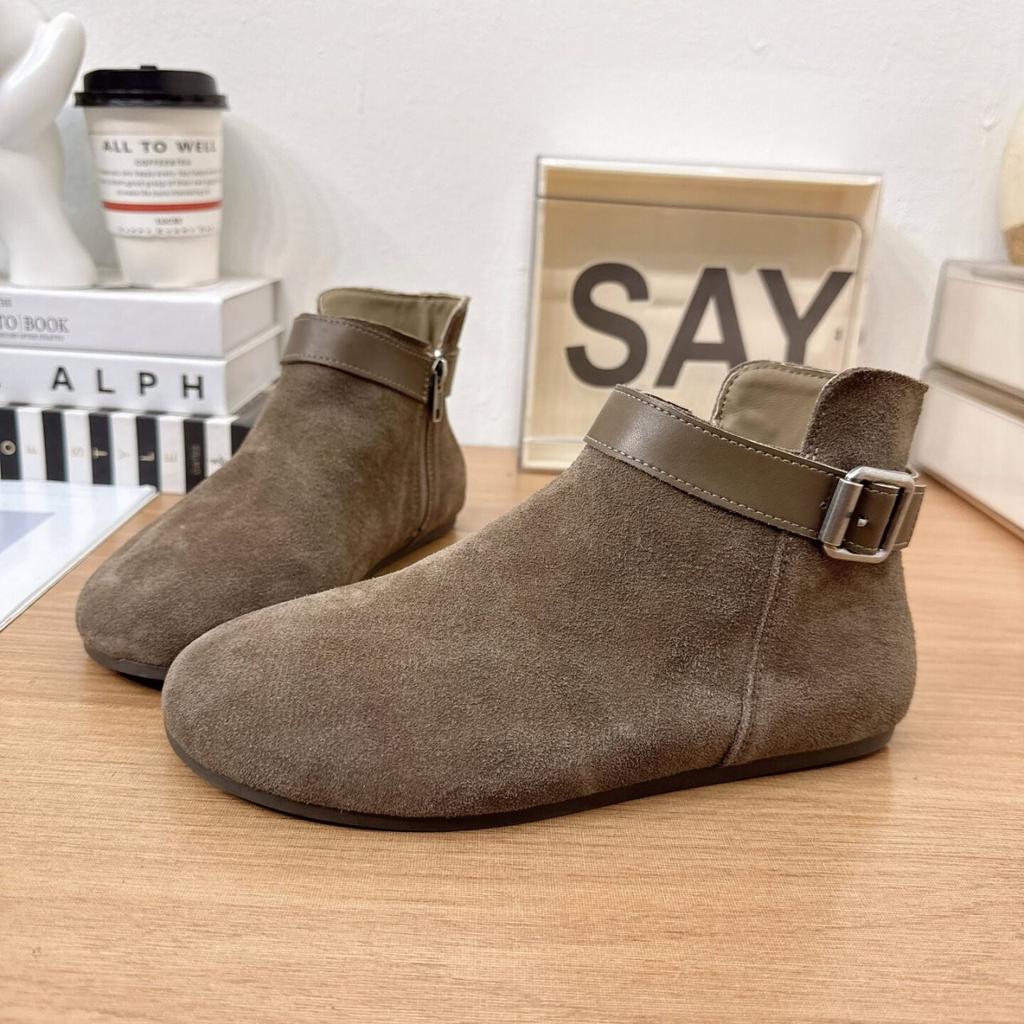 Belt buckle short boots women's Martin boots autumn and winter round head Birkenstock retro comfortable temperament new versatile side zipper