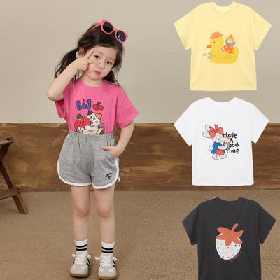 Girls Short Sleeve T-shirt Small Yellow Duck Print Summer Children Cartoon Cute Top
